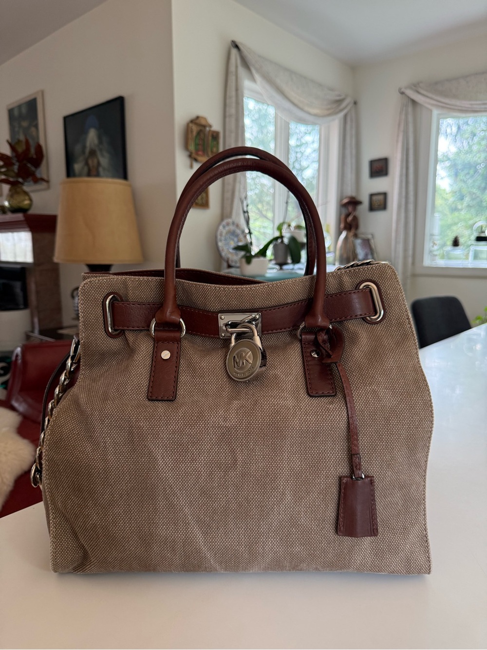 Michael Kors Beige Canvas Satchel with Brown Leather Trim brand new